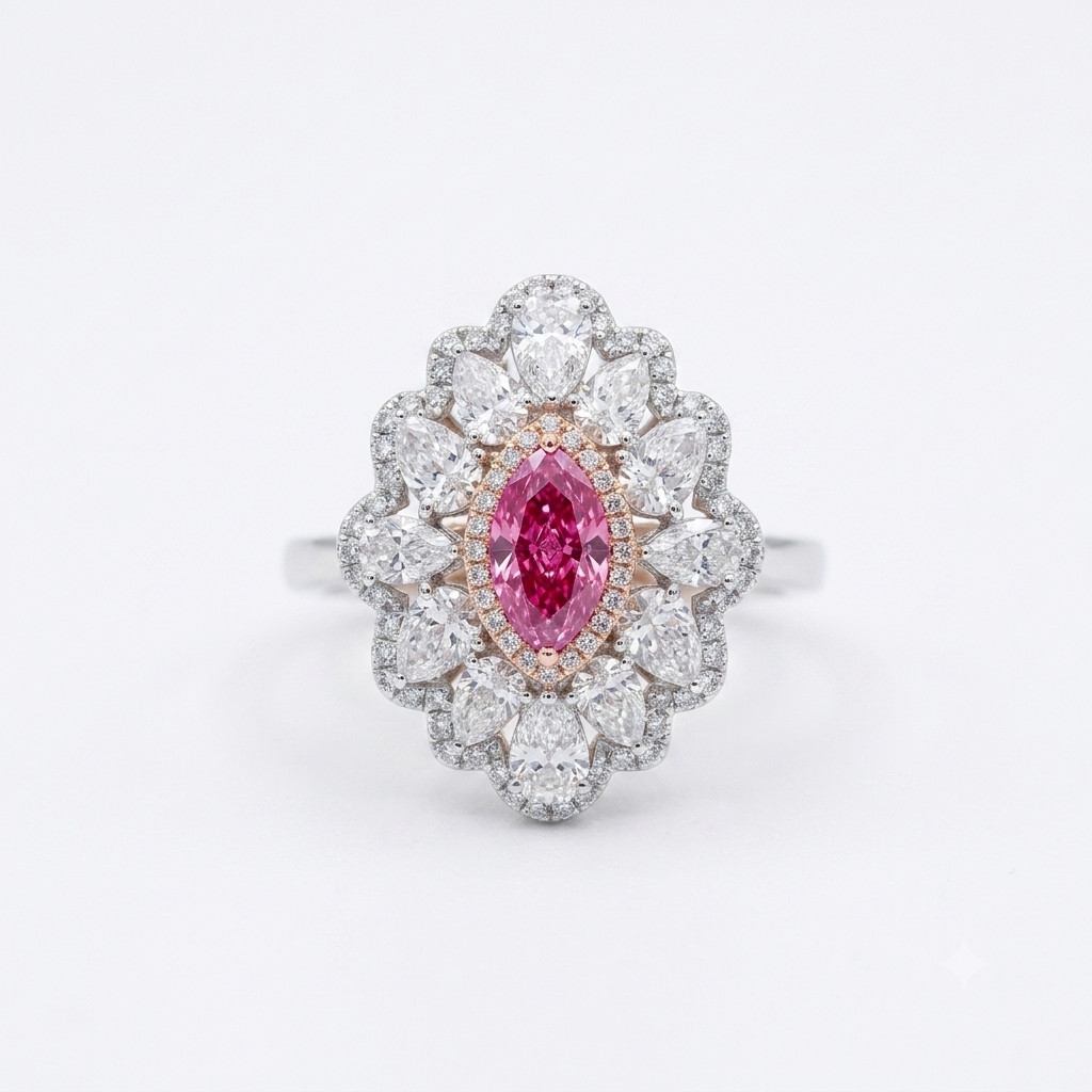 Luxury Marquise Vivid Pink CVD Lab Grown Diamond Ring 14K White Gold IGI