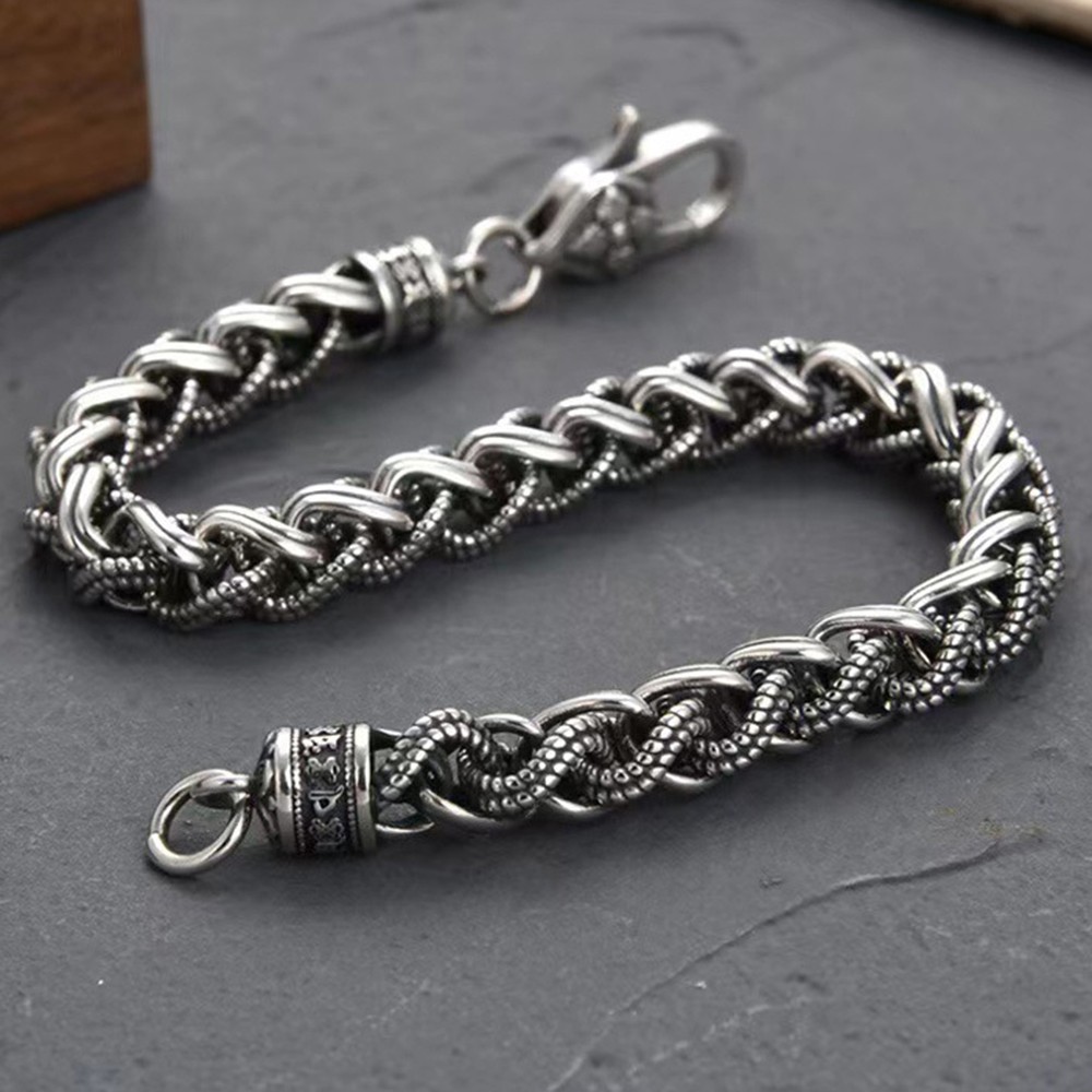 Solid 925 Sterling Silver 7mm Wheat Link With Vajra Clasp Men’s Bracelet