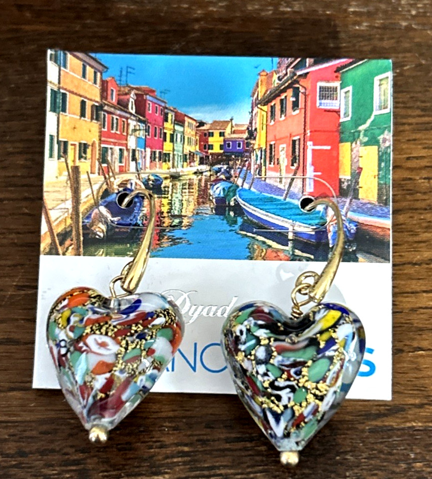 Murano Glass Dyadema Bronze Gold Foil Heart Earrings, Made In Italy -NEW Vintage