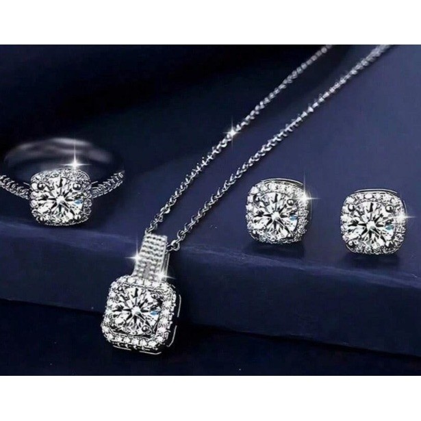 Silver Cubic Zirconia 3 Piece Jewelry Set Necklace Earring Ring Cushion Cut Halo