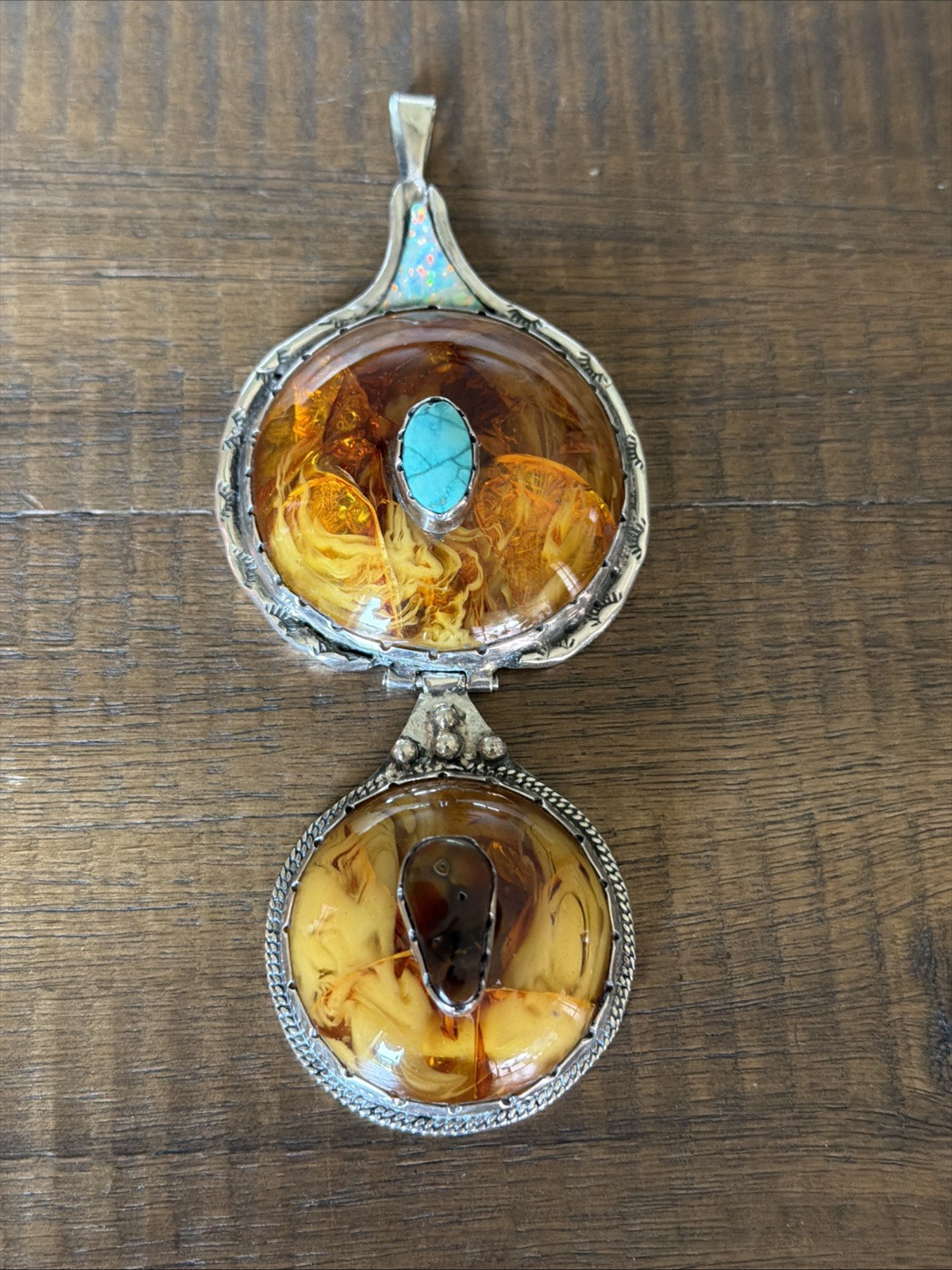 Vintage Native American Sterling Amber & Turquoise Pendant Beautiful Unique RARE