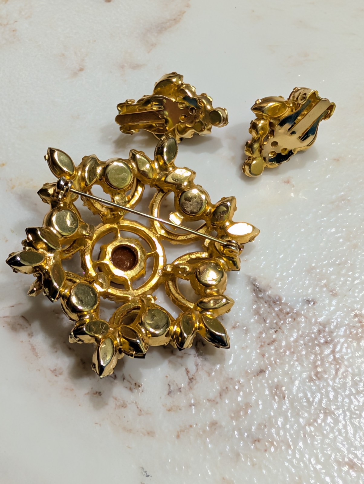 Juliana delizza pearl/rhinestone Brooch Earrings Set citrine Beautiful