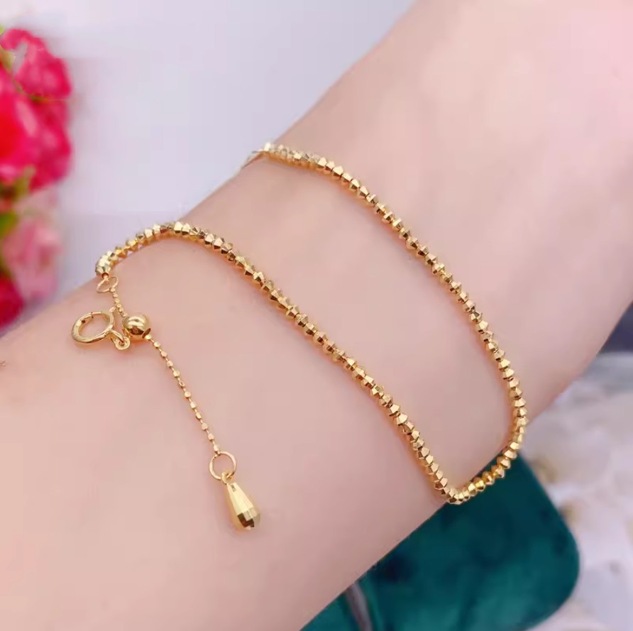 Solid 18K Yellow Gold AU750 Laser Beads Bracelet Bangle Chain Adjust 16-18cm