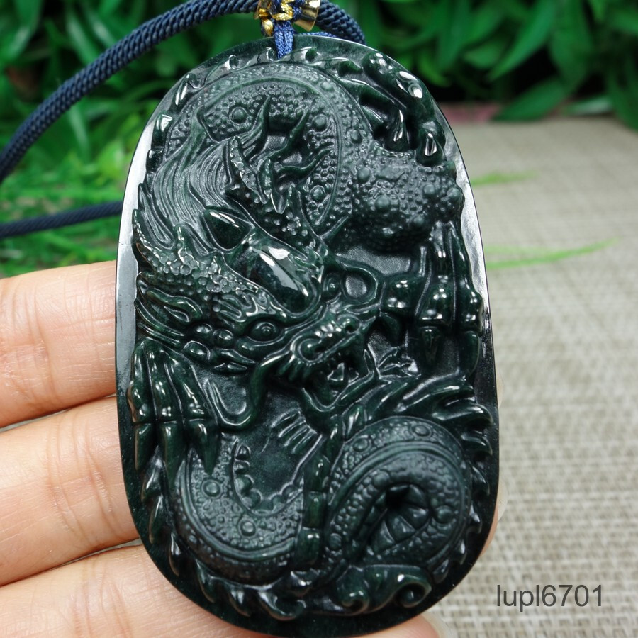 Certified Black green Burma Type A 100%Natural A Jadeite Jade Pendant~Dragon墨翠龙