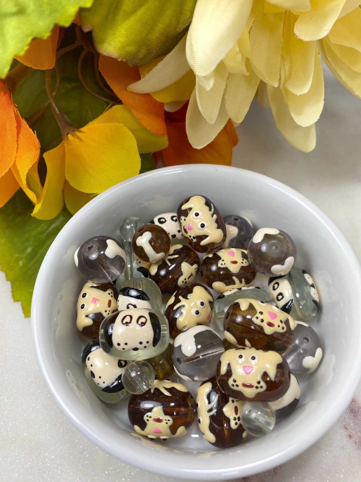 Dog Beads Glass Beads for Bracelet Making Brown Dog Face Mix Size 40 pcs