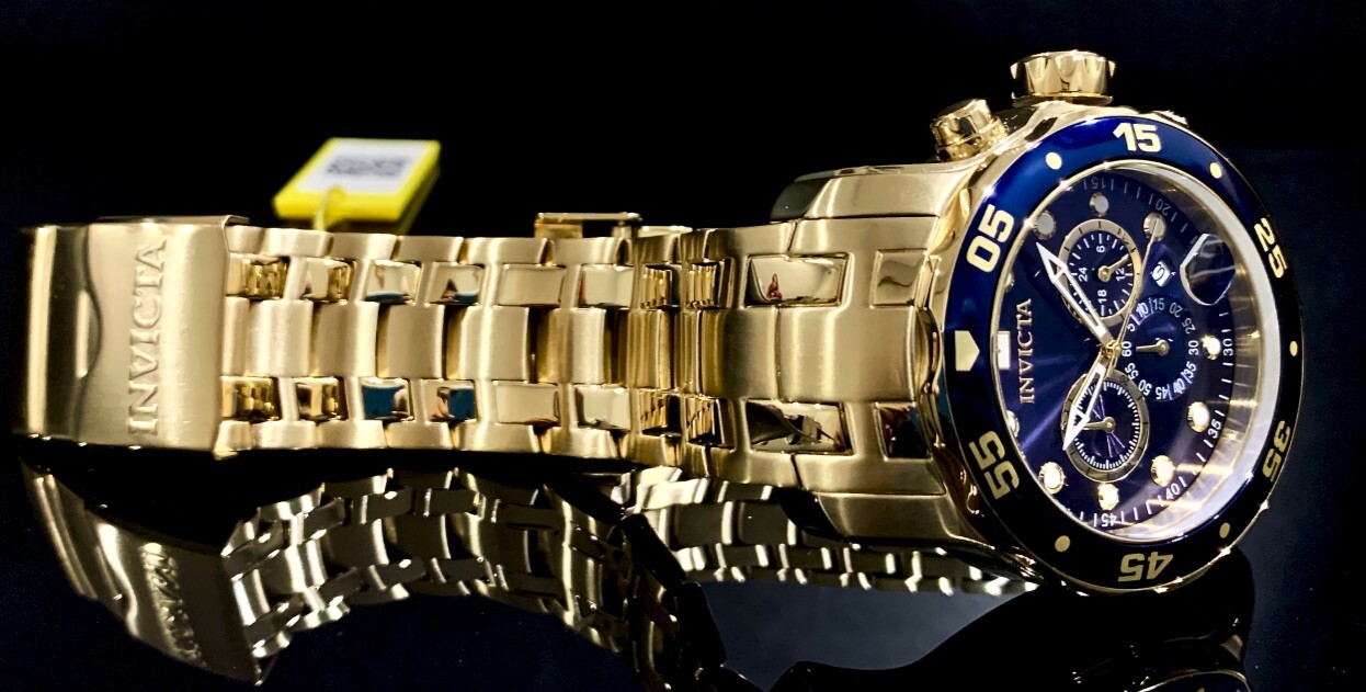 Invicta Mens PRO DIVER SCUBA Chronograph Blue Dial 18Kt Gold Plated Watch 0073