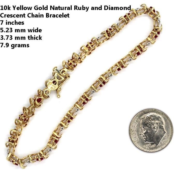 10k Yellow Gold Natural Ruby and Diamond Lined Crescent Chain Bracelet 7 inches