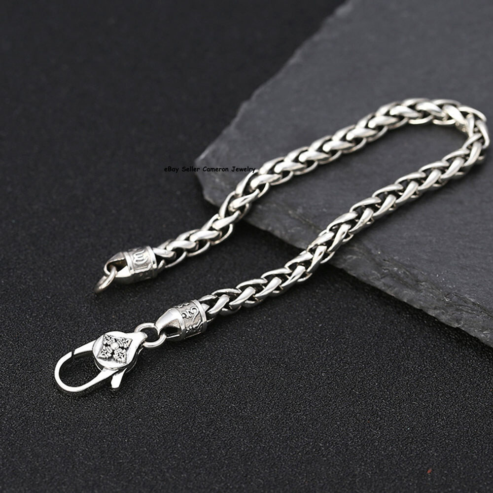 Pure S925 Sterling Silver Chain Unisex 5mm Cross Wheat Link Bracelet 7.1-8.3inch