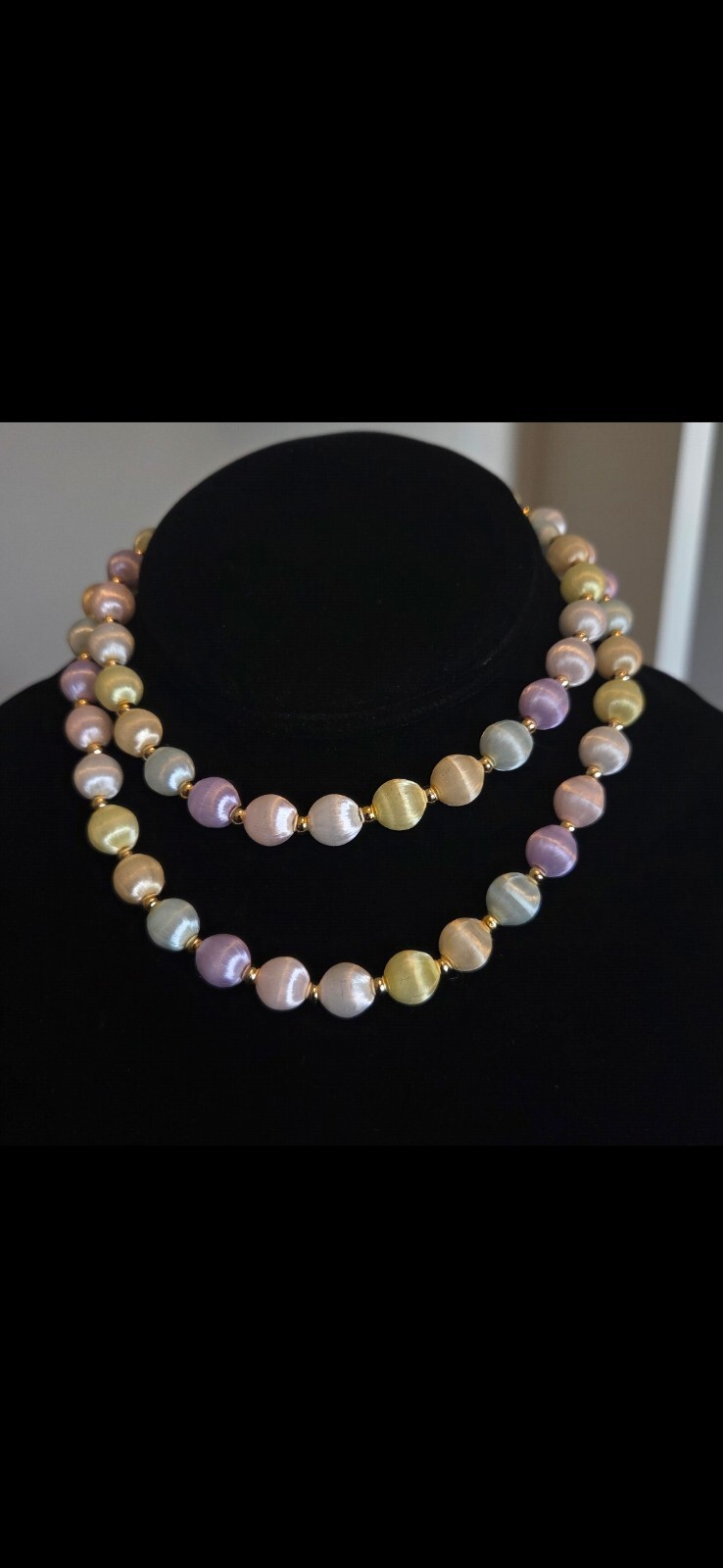 Vintage Multi-Color Pastel Satin Ball Necklace with gold tone separator beads