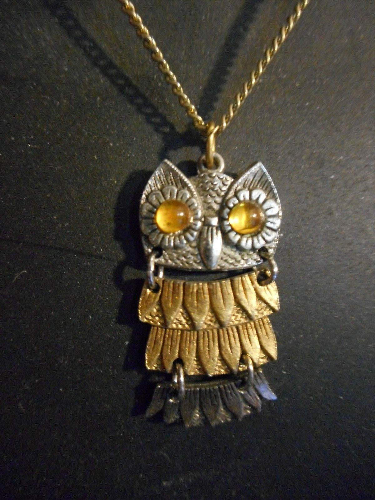 Owl Articulated Pendant Necklace Multi-Color Yellow Eyes- Chain 9 1/8″ L x 3/4″W
