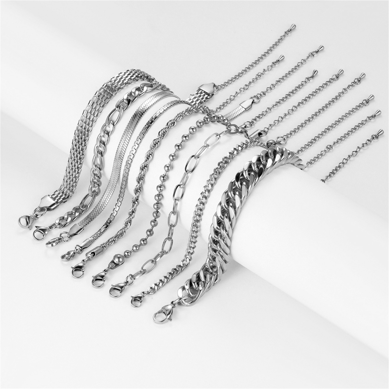 9-18pcs Women’s Stainless Steel Cuban Bracelet Chain Jewelry Set Adjustable