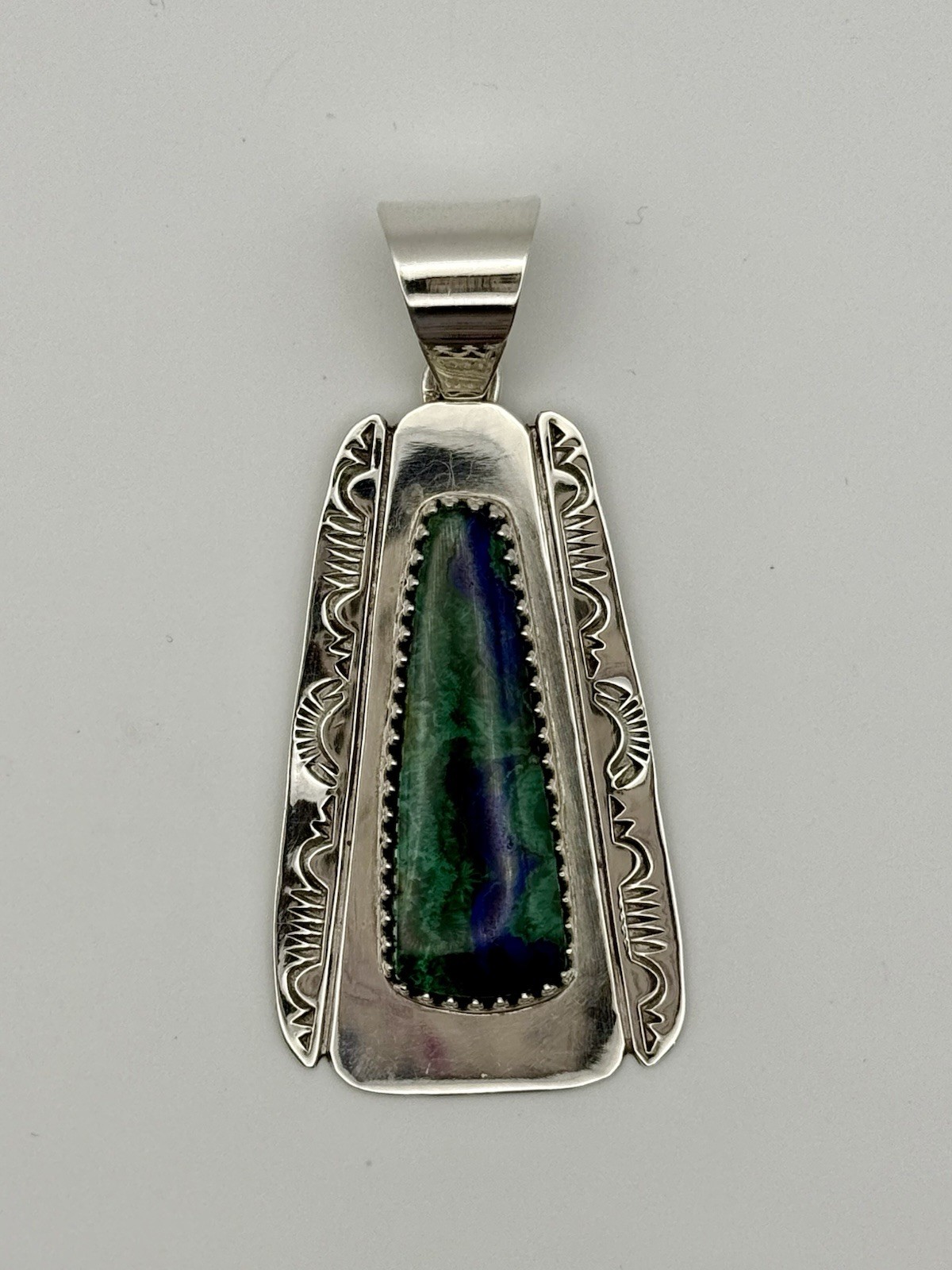 Navajo Sterling Silver Stamped Azurite Malachite Pendant Gerald Mitchell