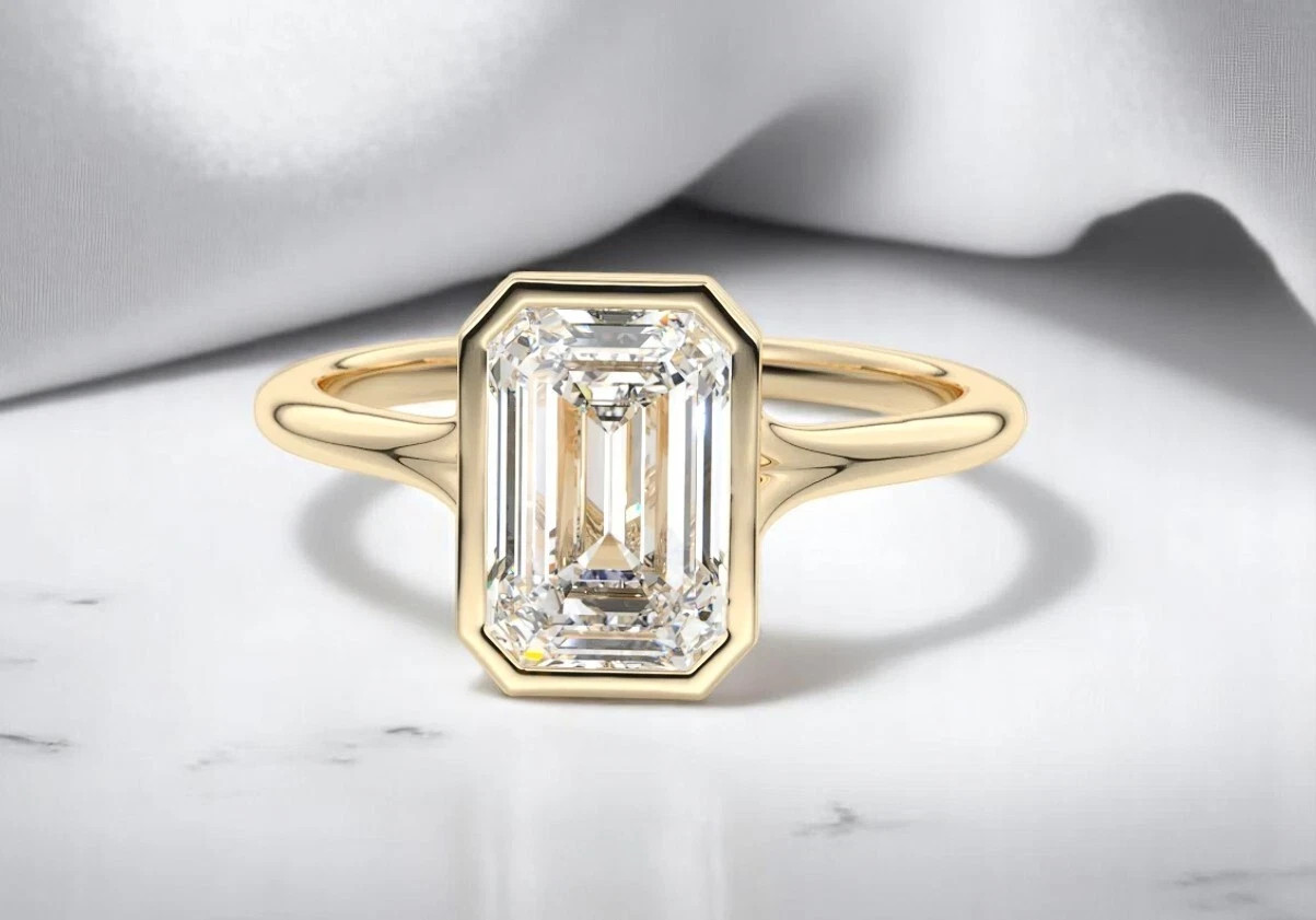 2.0CTW IGI Certified Emerald Cut Lab Grown Bezel Set Split Shank 14k Gold Ring