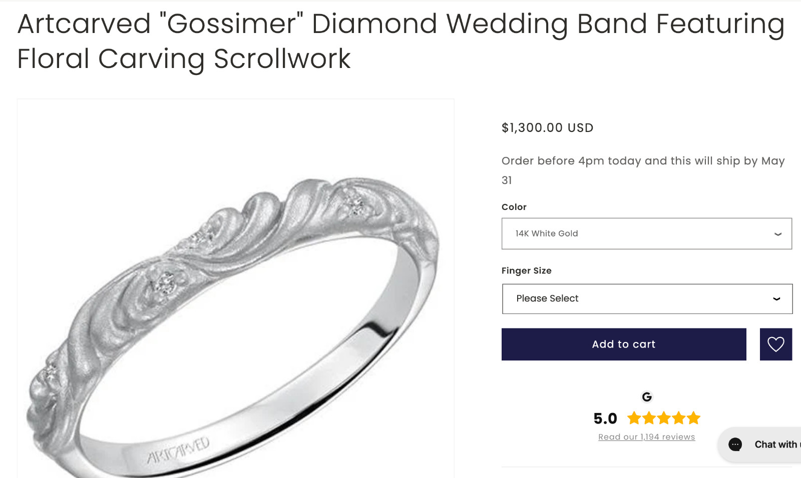 14K White Gold 1CT Diamond Ring Wedding Set $5375 Floral “Gossimer” by ARTCARVED
