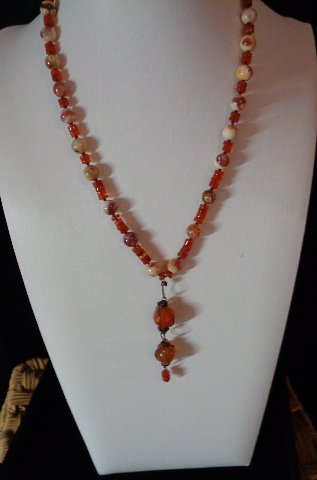 Artisan crafted,3” caged faceted red agate and carnelian pendant, on 18” hand kn