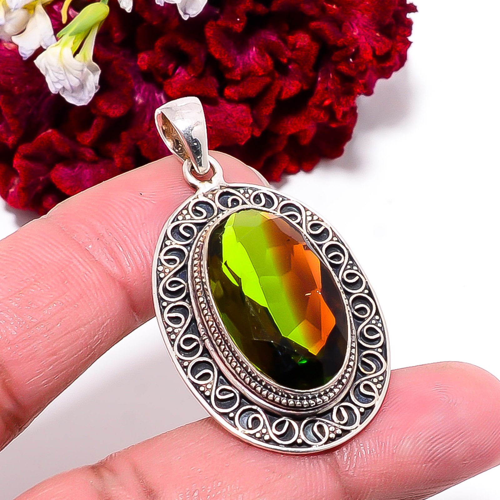 Green & Red Bi-Colour Tourmaline Handmade 925 Sterling Silver Pendant 1.87″ P564