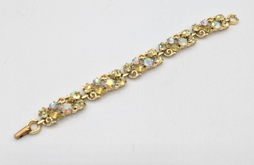 Vintage Lisner Jonquil Yellow Rhinestone Bracelet AB Crystal Gold Tone MCM