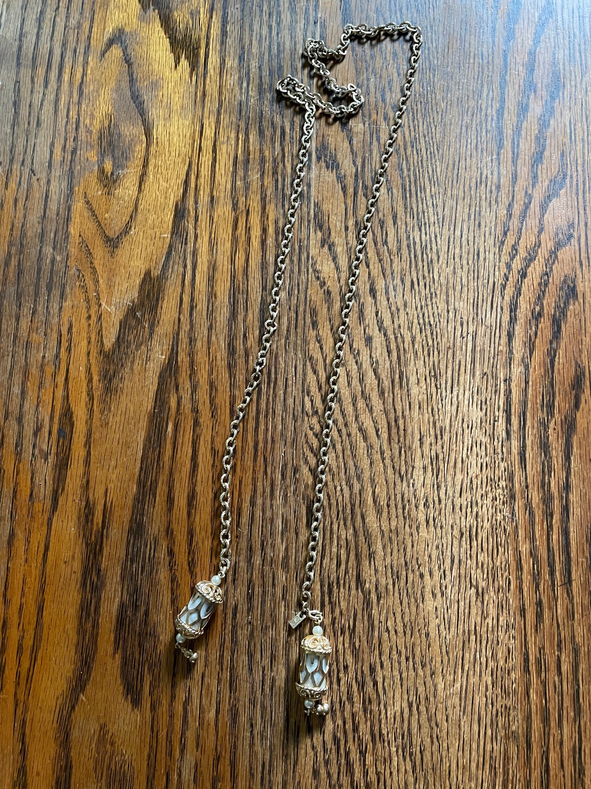 Vintage 60s Signed Emmons Magic Lantern Necklace Faux Mother of Pearl Dangles