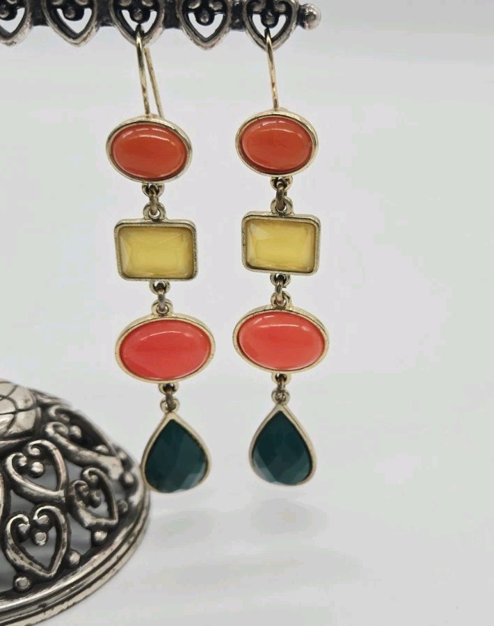 Liz Claiborne Geometric enamel Dangle Earrings 80s Retro Green Orange Yellow 3 “