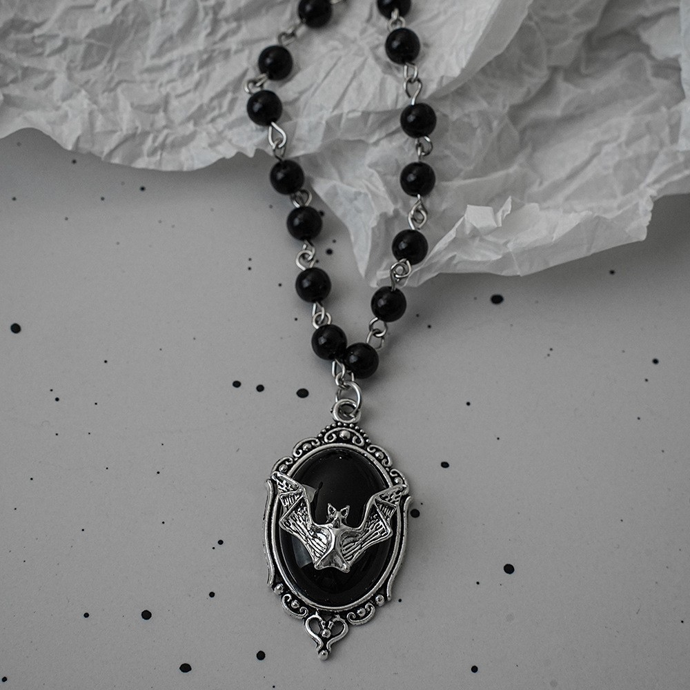Stainless Steel Black Gothic Retro Religious Cross Heart Bat Pendant Necklace