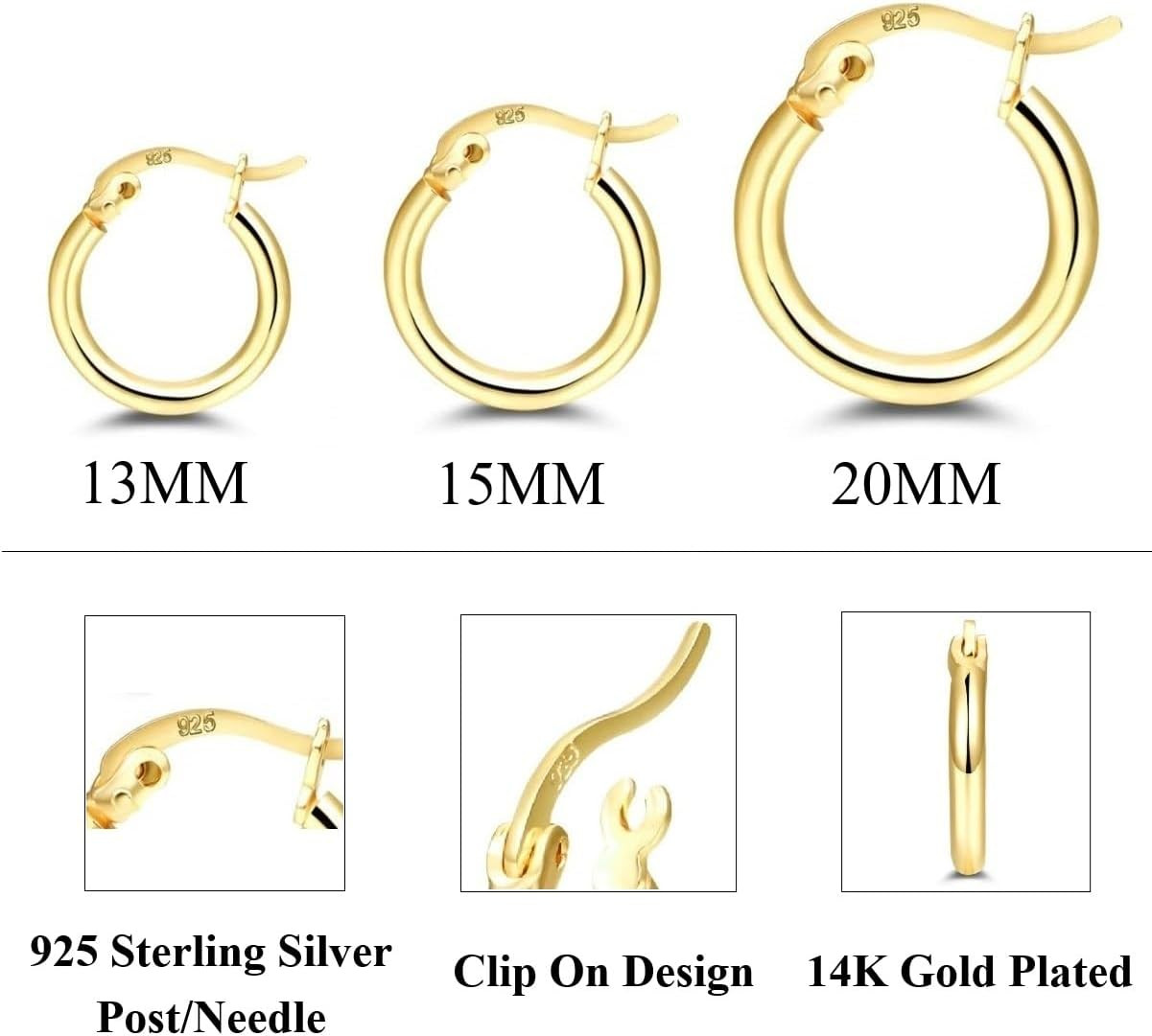 14K Gold Plated Hoop Earrings for Women, 4 Pairs Sterling Silver Post Small Hoop