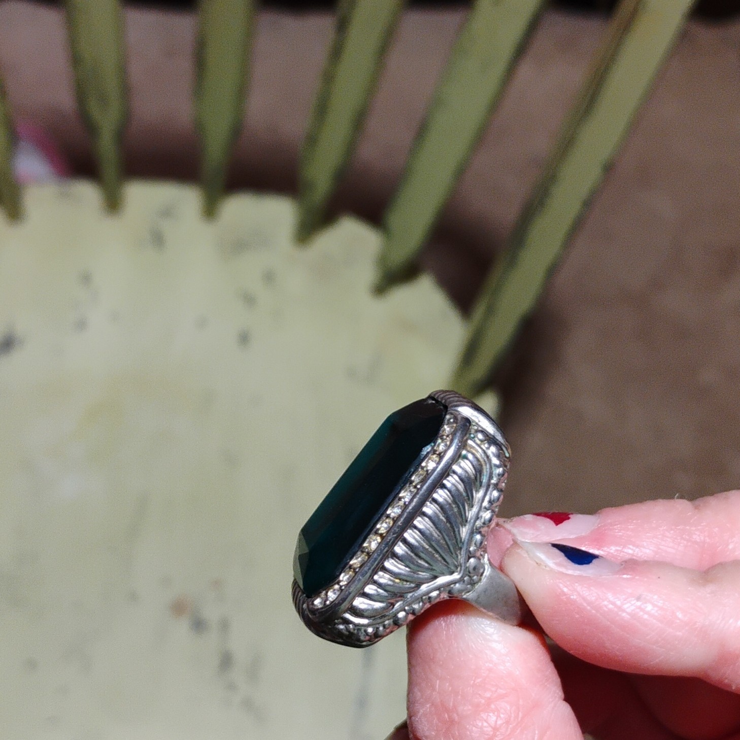 Silver Tone Cocktail Ring Size 9 Blue Rectangular Stone Rhinestone Halo