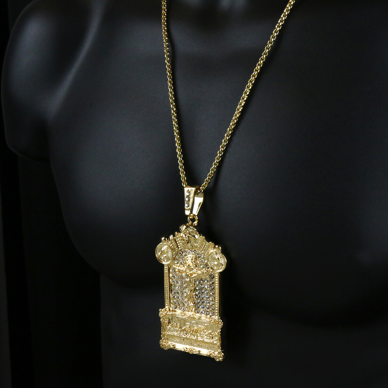 14k Gold Plated Last Supper Jesus Temple Pendant Cubic-Zirconia 24″ Box Chainn