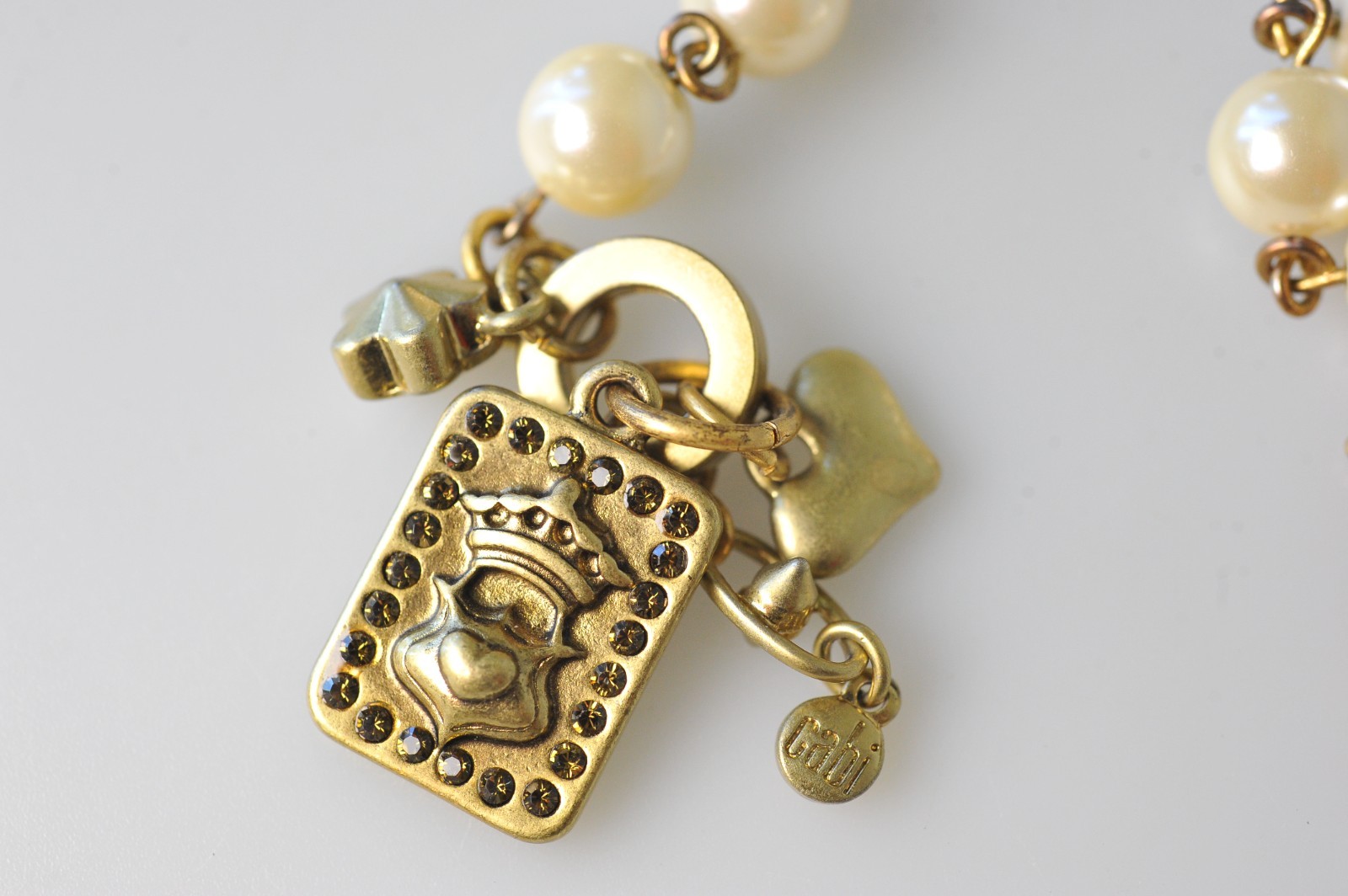 CAbi Necklace Gold Tone Rhinestone Faux Pearl charms dangle statement A