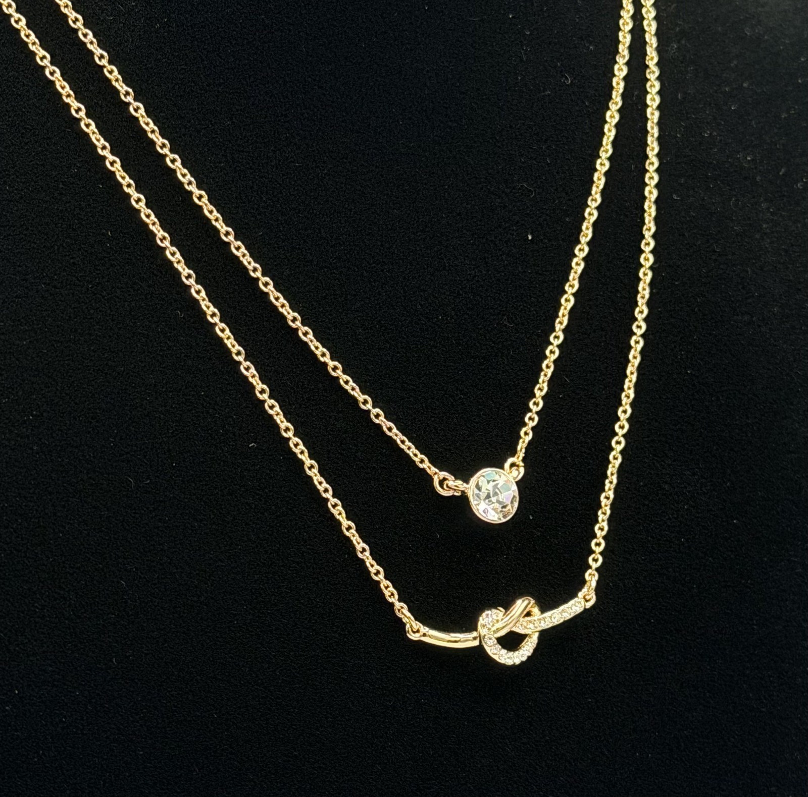 DKNY Gold Tone Crystal Solitaire & Pave Knot Layered Necklace 16+3 NWT Gift Box