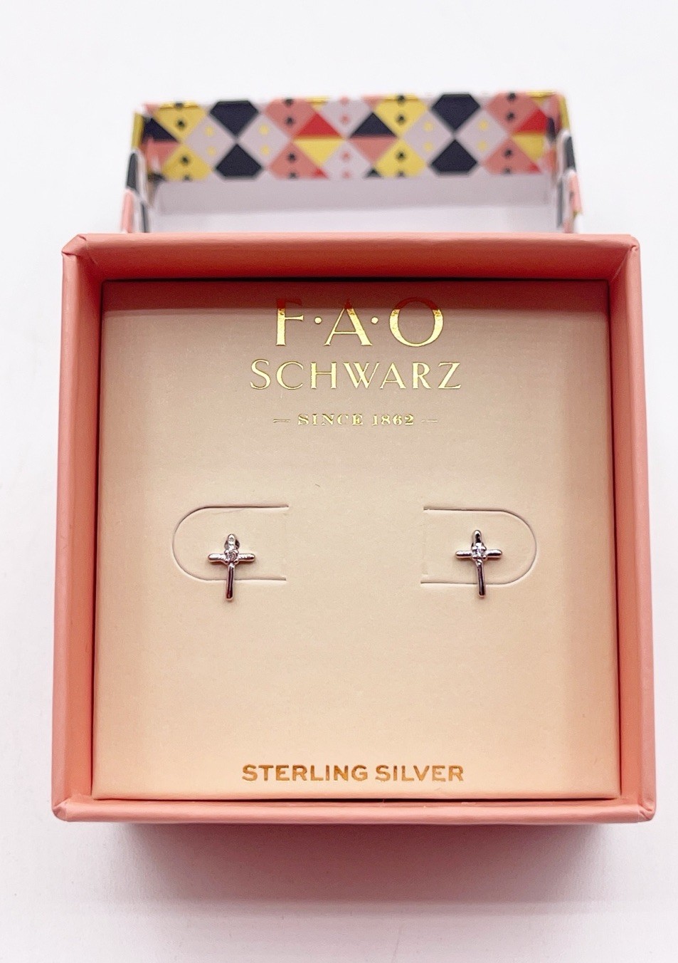 New FAO Schwarz 925 Sterling Silver Crystal Cross Stud Earrings Tiny Minimalist