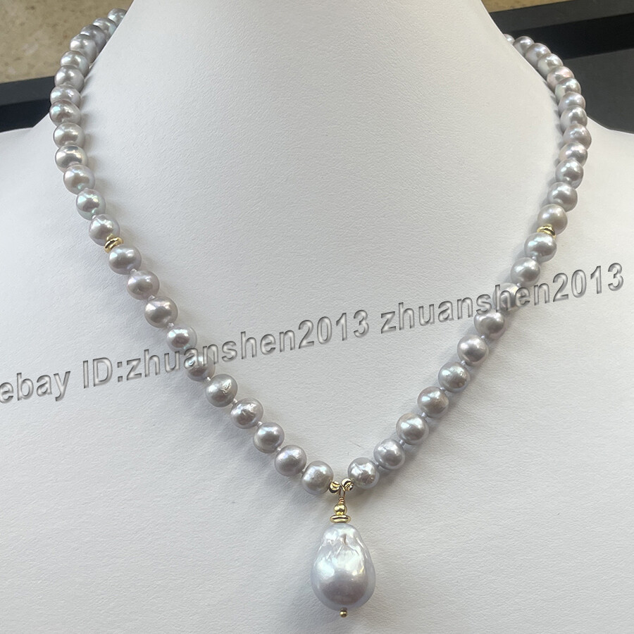 Natural 7-8mm/15x20mm Silver Gray Keshi Baroque Pearl Pendant Necklace +Earrings