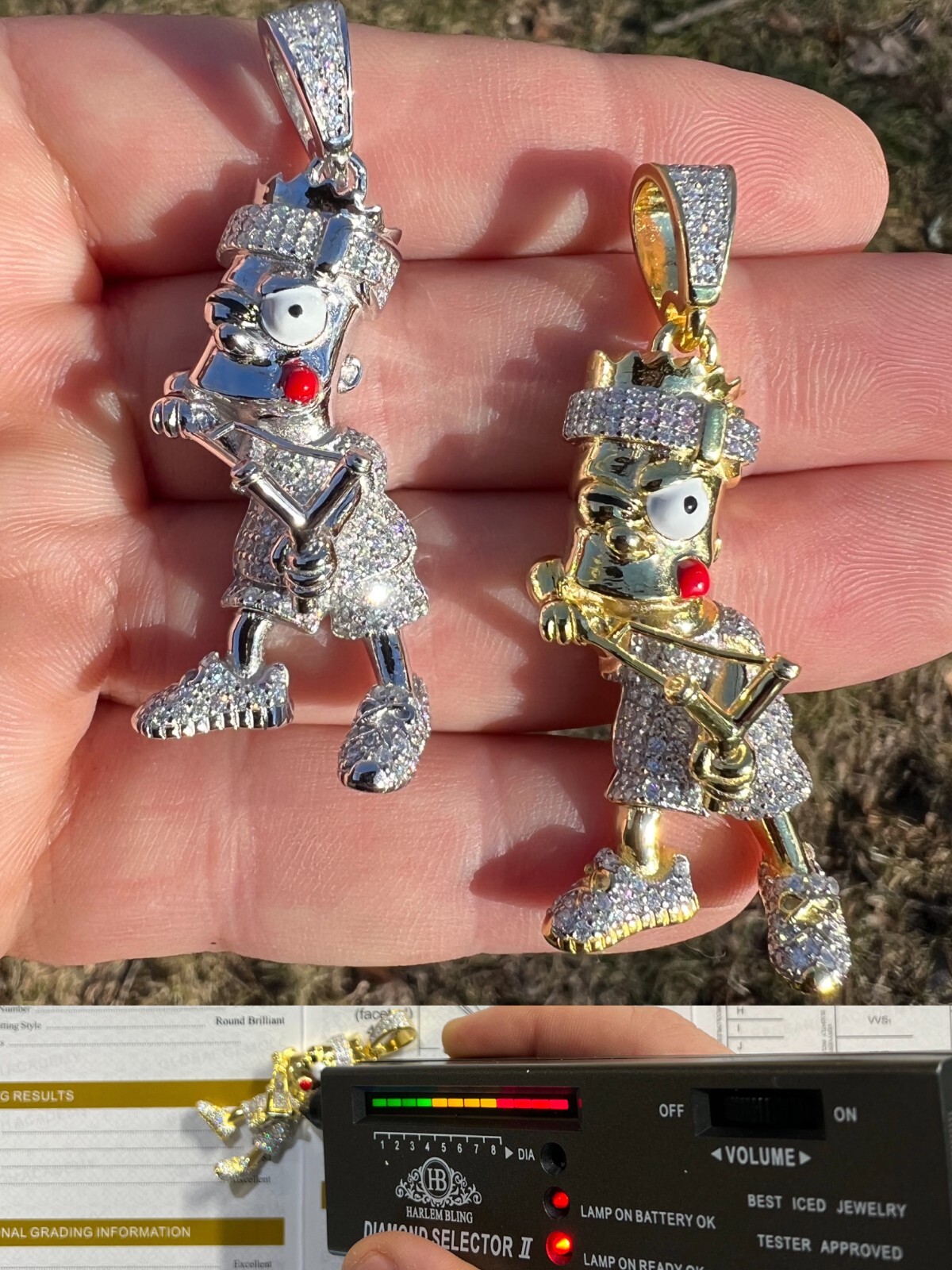 MOISSANITE Real Silver / Gold Iced Bart Simpson Pendant Necklace Passes Tester ✅