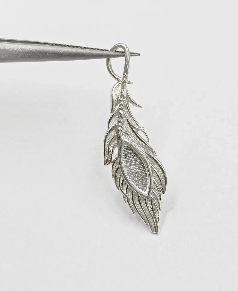 4x10mm Marquise & 37mm Feather Pendant 925 Silver Blank Bezel for Resin Jewelry