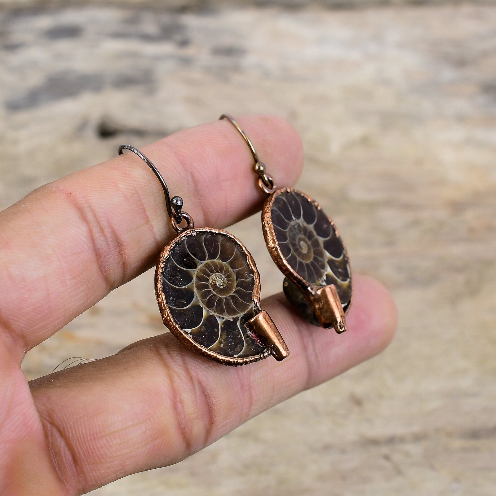 Gift For Her Copper Ammonite Fossil Electroformed Drop/Dangle Earrings 1.77″