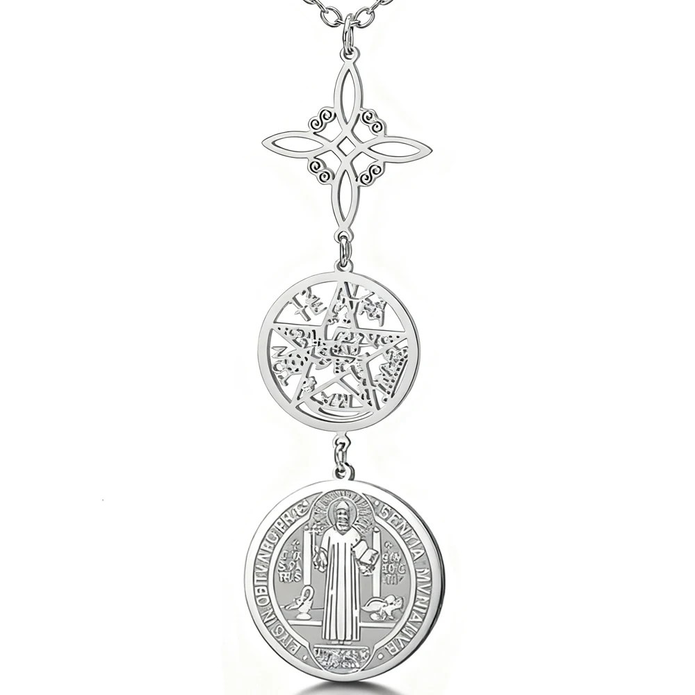 Stainless Steel Protection Amulet Necklace Pentagram St Benedict