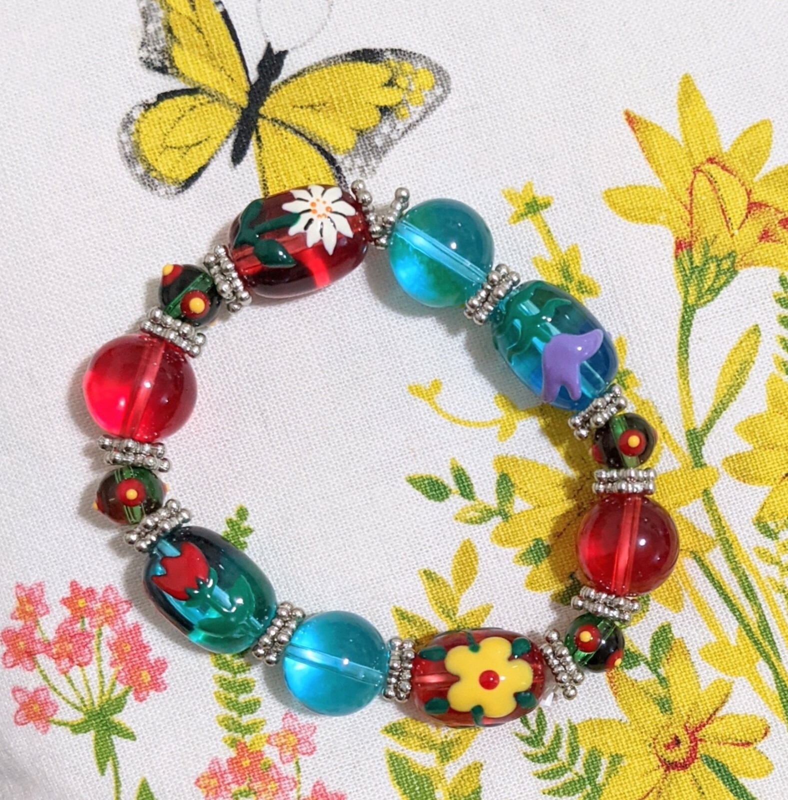 Multi Flower Bracelet Spring Floral Colorful Bracelet for Women Beaded Stretch