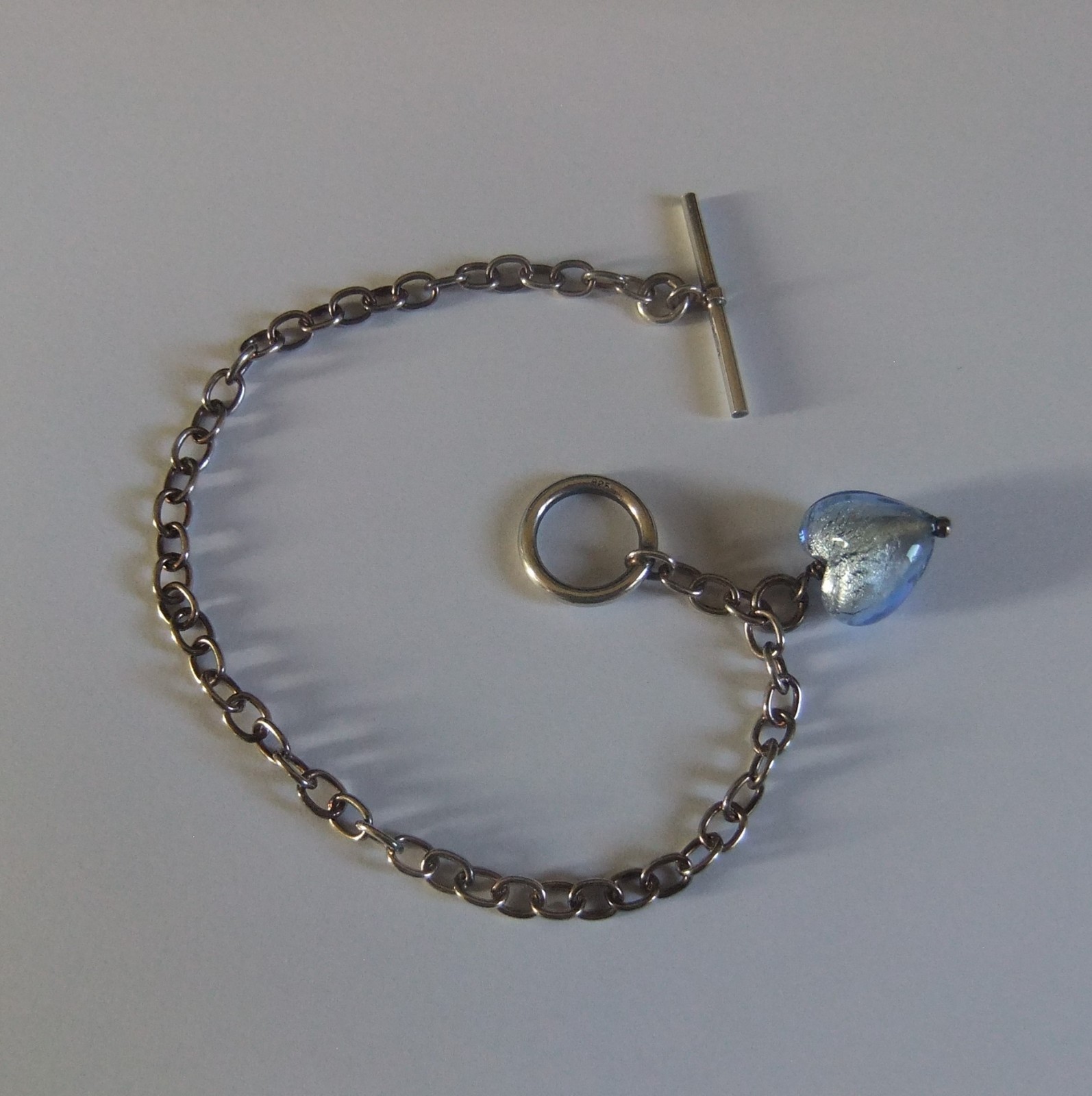 SOLID STERLING SILVER T BAR BRACELET WITH HEART CHARM * 8.45 grams *
