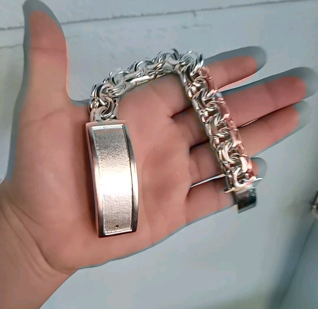 925 Sterling Silver Chino Link ID Bracelet Plain Frame 114g 8inch 15mm Hand Made