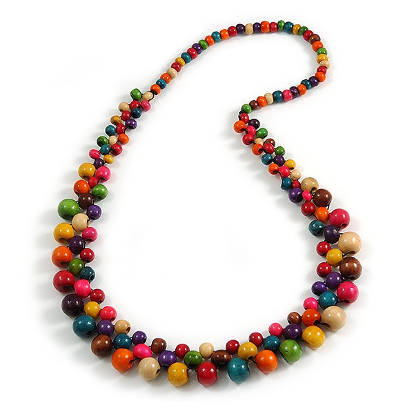 Long Multicoloured Cluster Wood Beaded Necklace – 82cm Long