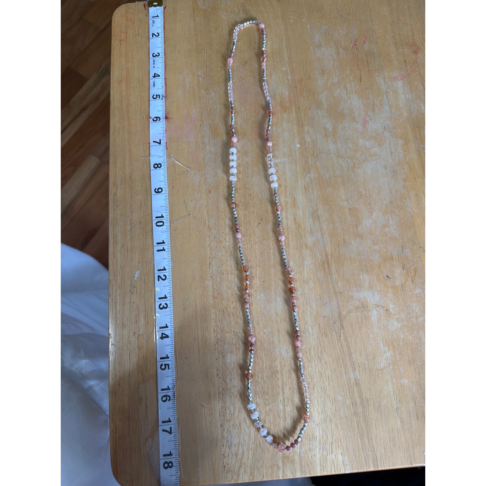 Bohemian Pink Peach Stone Beaded Long Strand Necklace Silver Accents