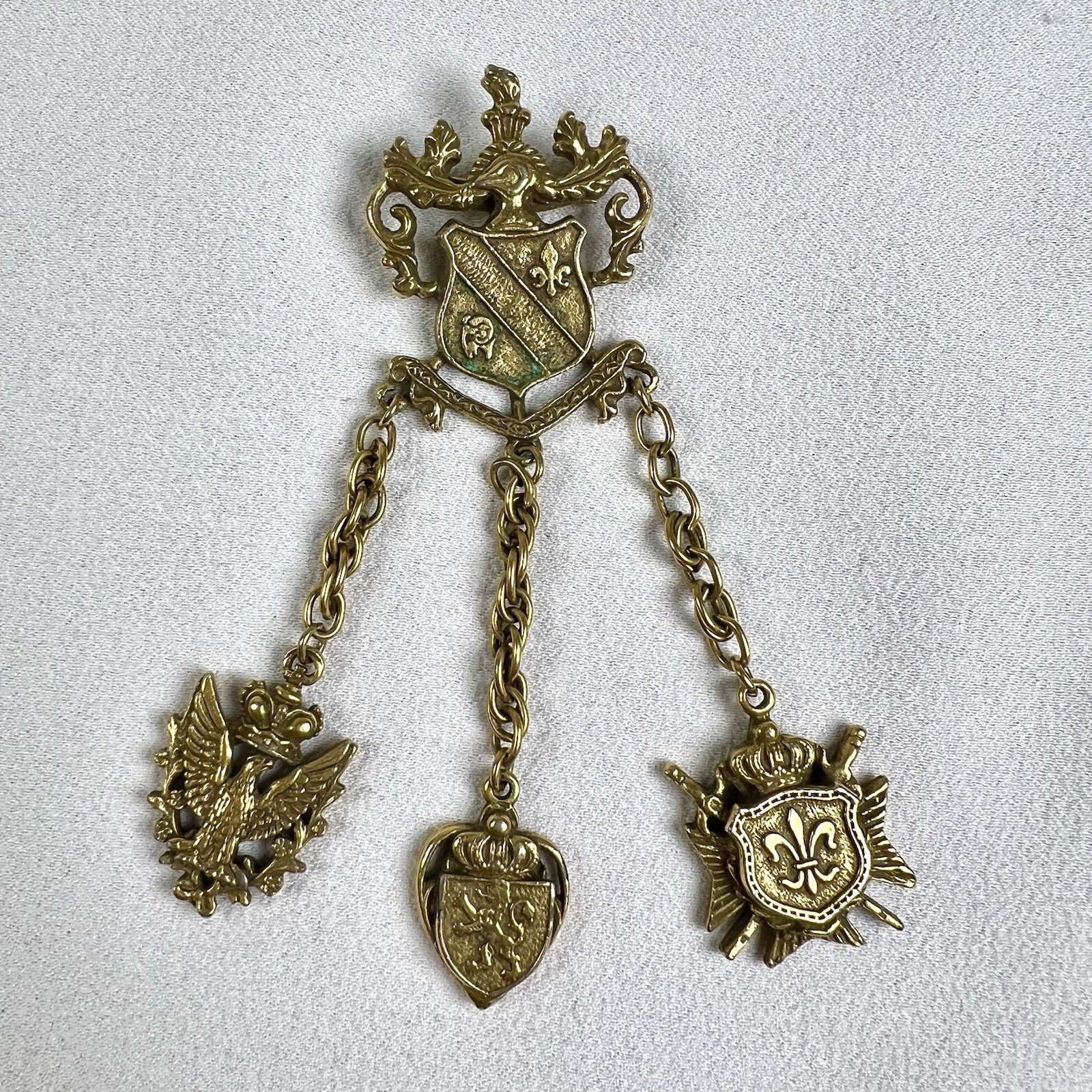 VTG Coro Chatelaine Brooch Gold Fleur de Lis Shield Eagle Royal Lion Heart Crown
