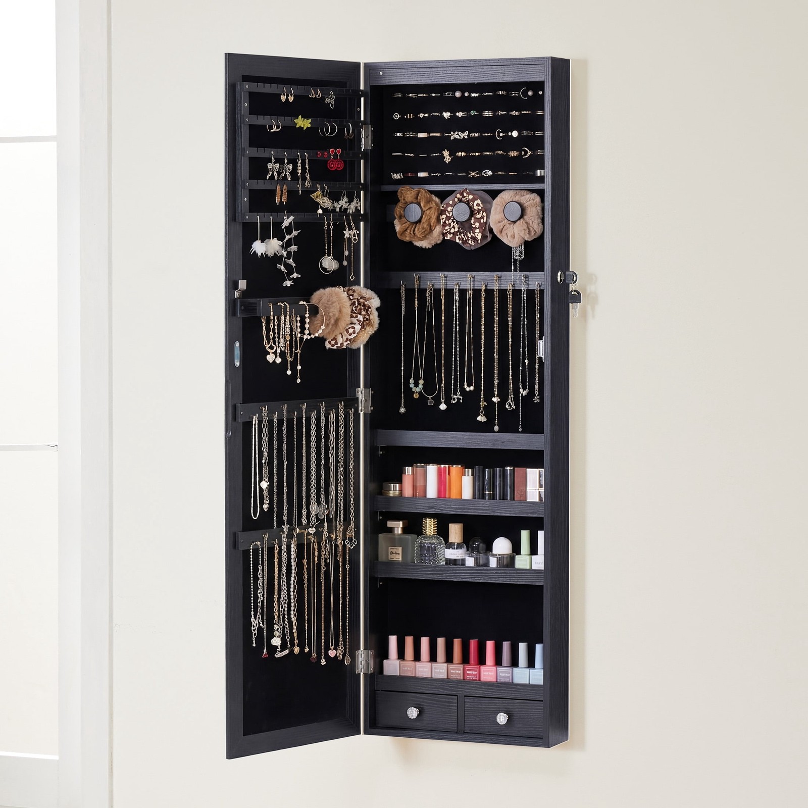 JHK Full Length Mirror Jewelry Cabinet w/ 6 LED Lights,Wall Mounted/Door Hanging