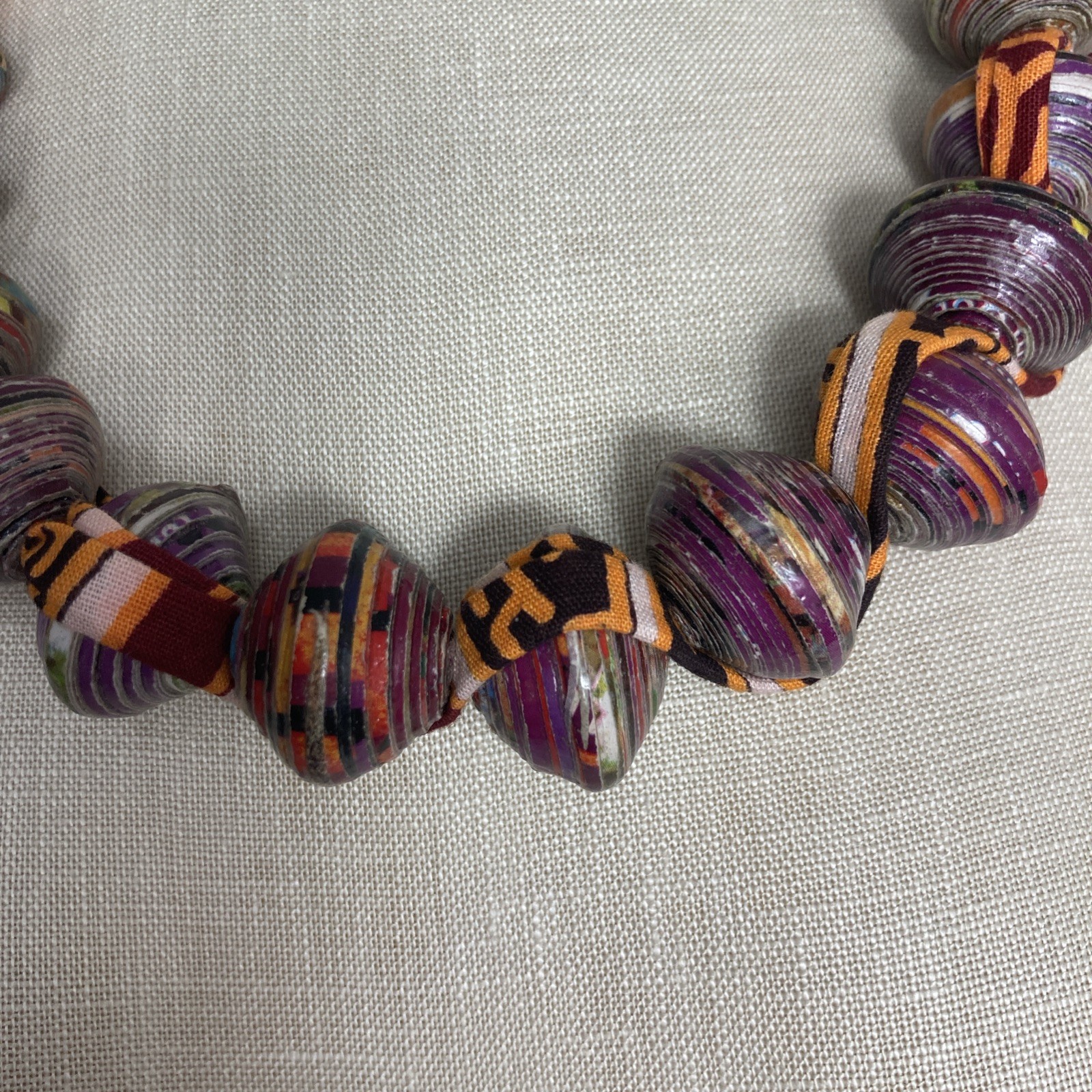 Artisan Rolled Paper Bead Necklace Fabric Chain Purple Orange Chunky Handmade
