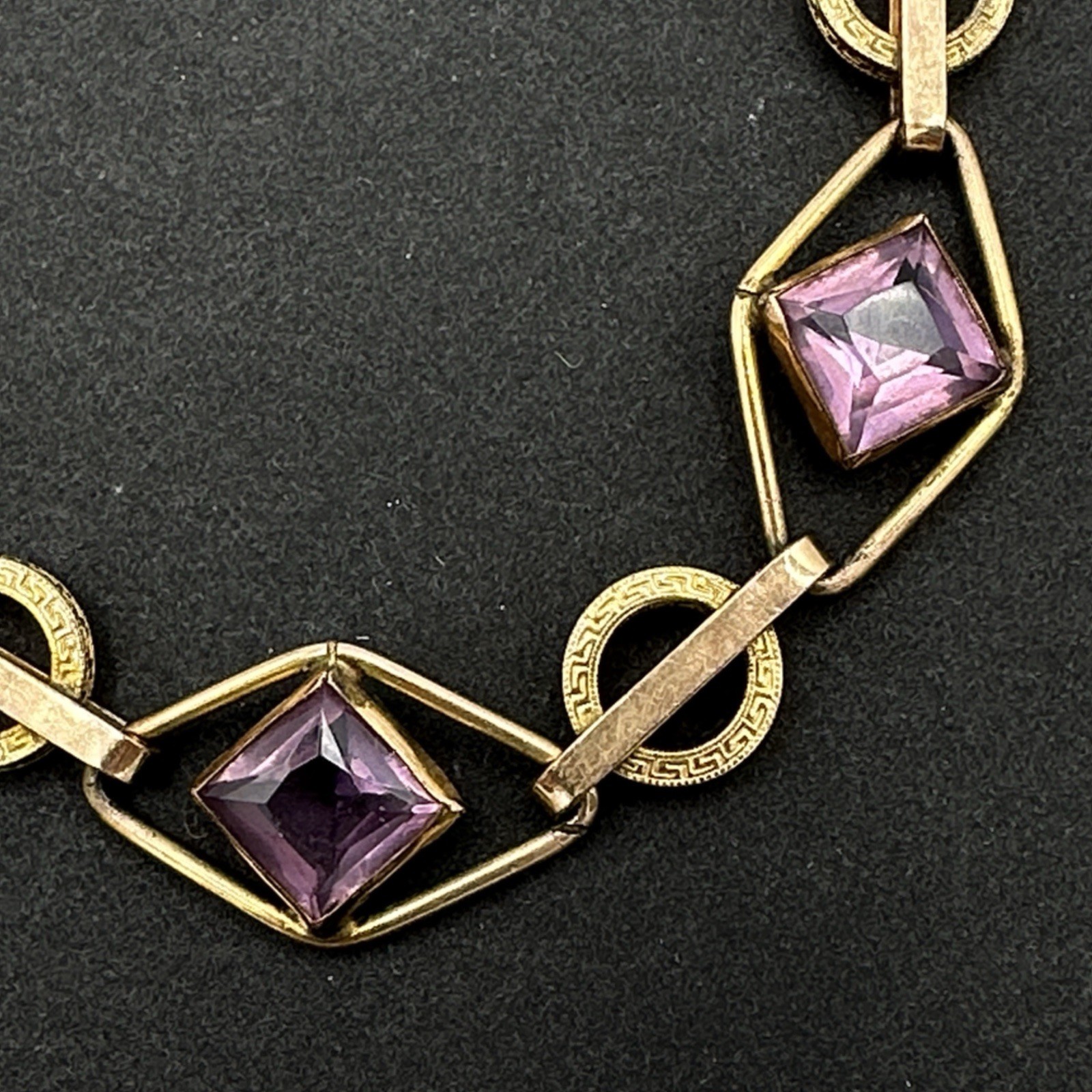 ART DECO 12K gold-filled bracelet – vintage purple amethyst glass embossed links