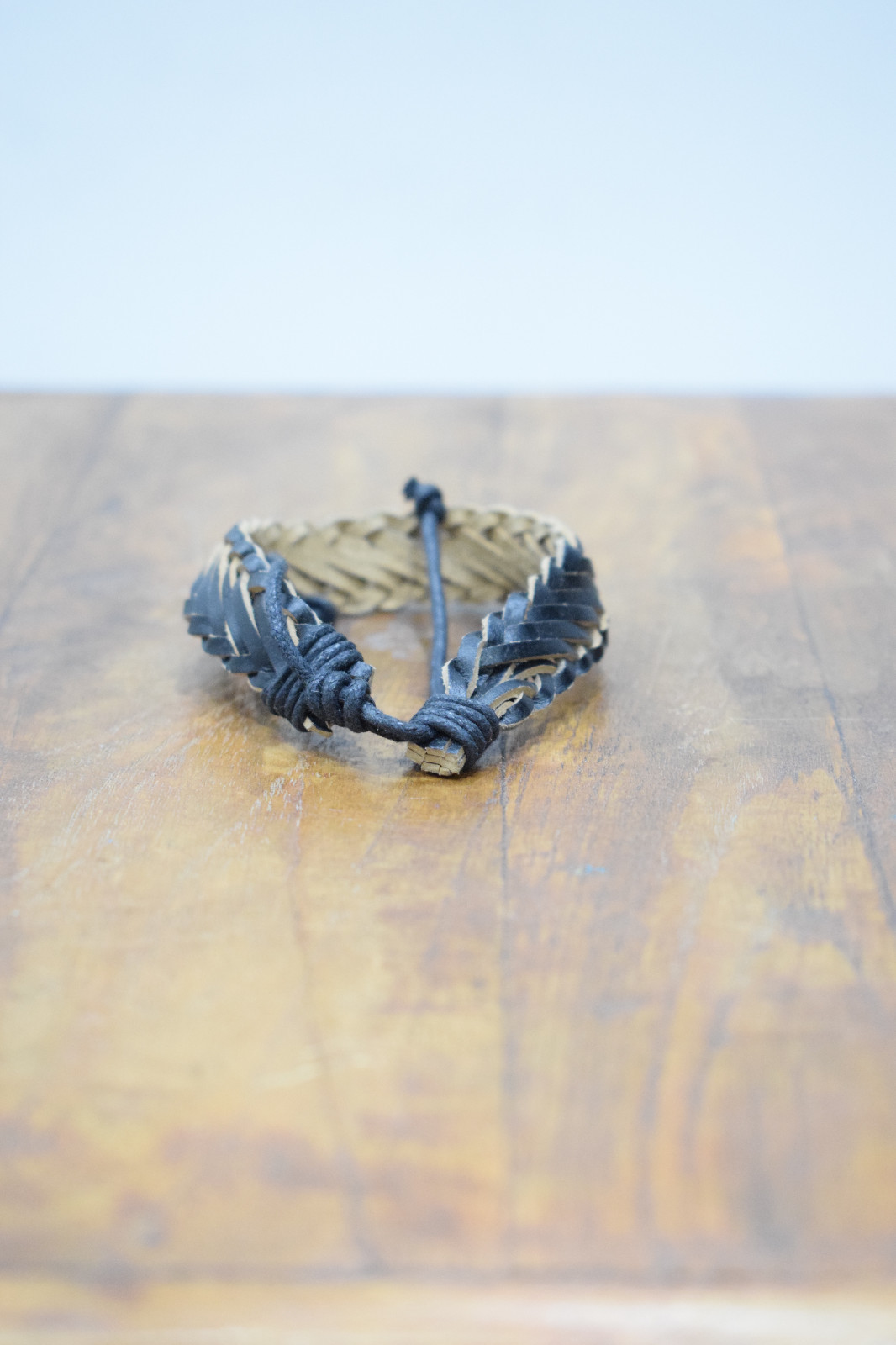 Bracelet Leather Black Flat Woven Tie Bracelet