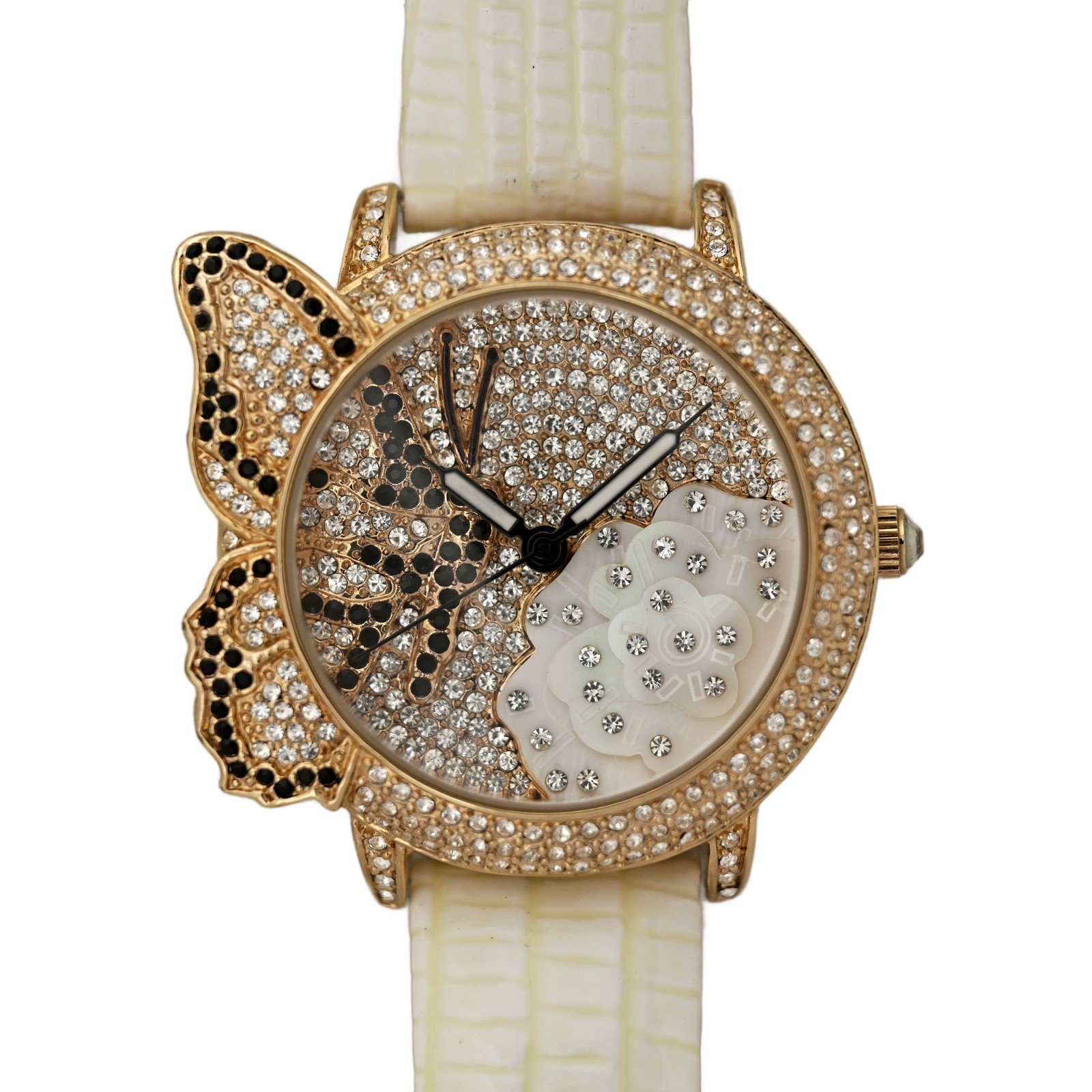 Adrienne Vittadini Butterfly Crystal Design White Strap Ladies Large Glam Watch