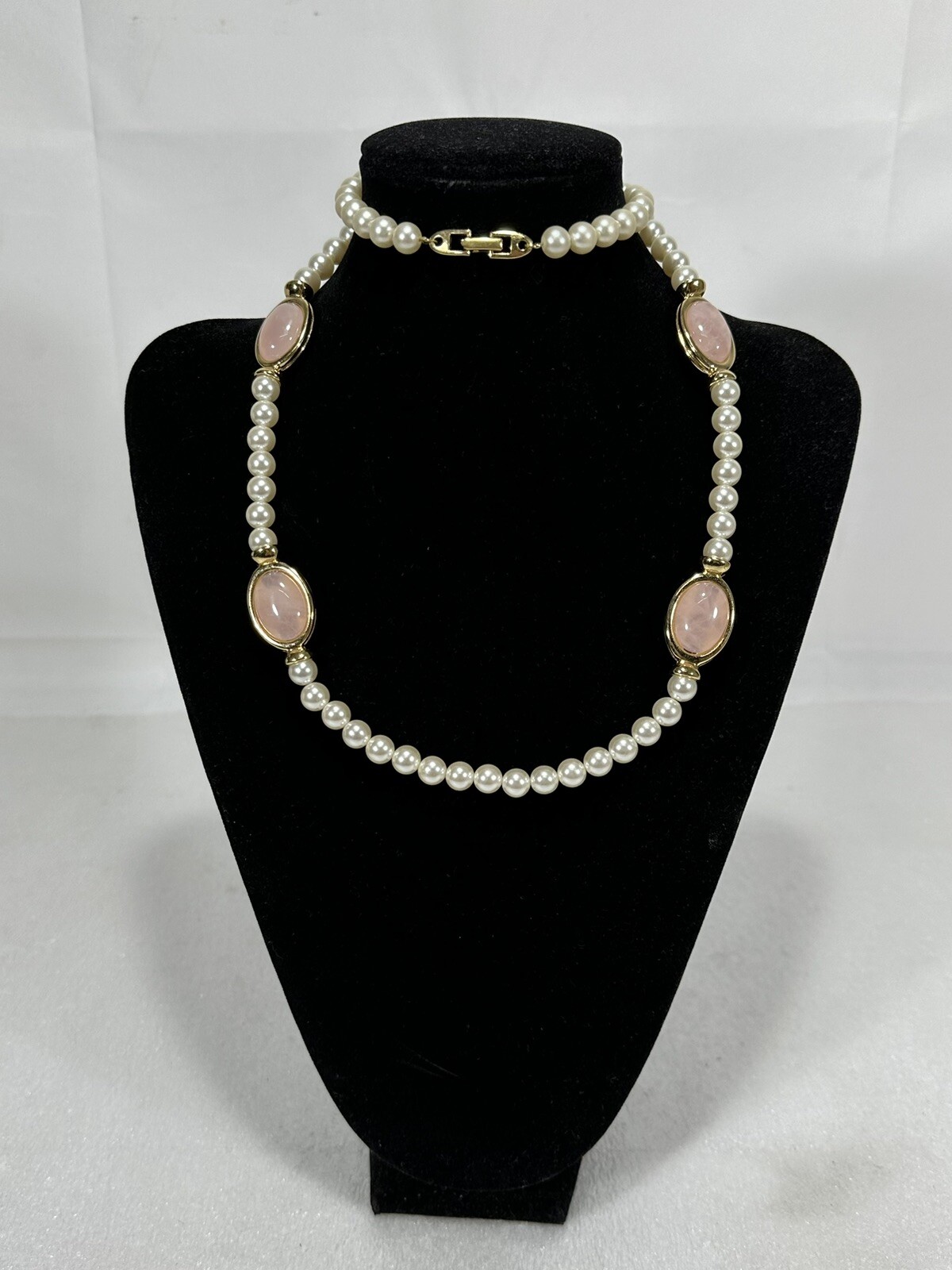 Vintage Napier ~ 8mm White Pearl Beads & Rose Quartz Station Necklace ~ 30in