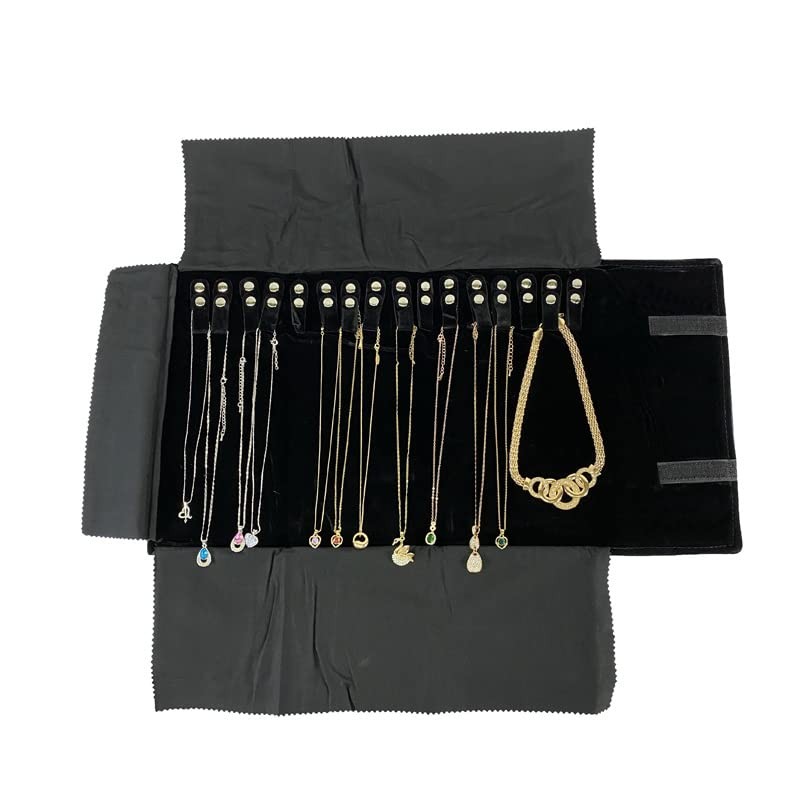 SCIKHEFT Velet Travel Jewelry Case Roll Bag 11.5″ x 22″ x 0.2″, Black Velvet