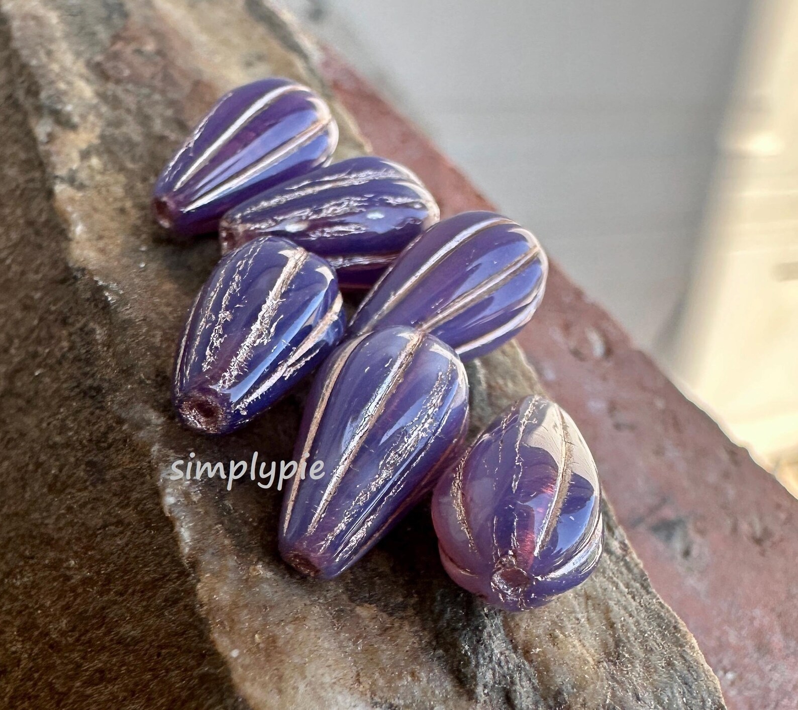 Lilac Copper Wash Dangle Drop 6 Czech Teardrop Glass Beads Bohemian