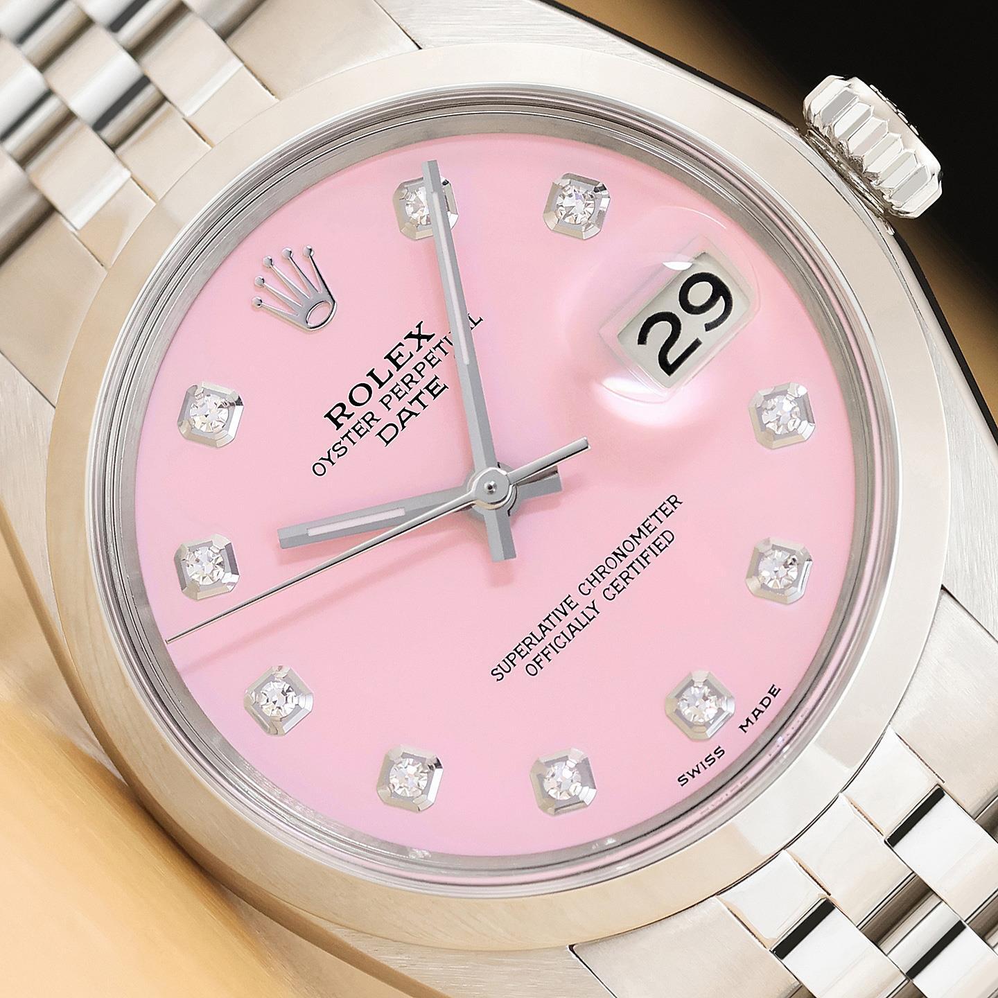 ROLEX OYSTER PERPETUAL DATE 34MM 1500 PINK DIAMOND DIAL STAINLESS STEEL WATCH
